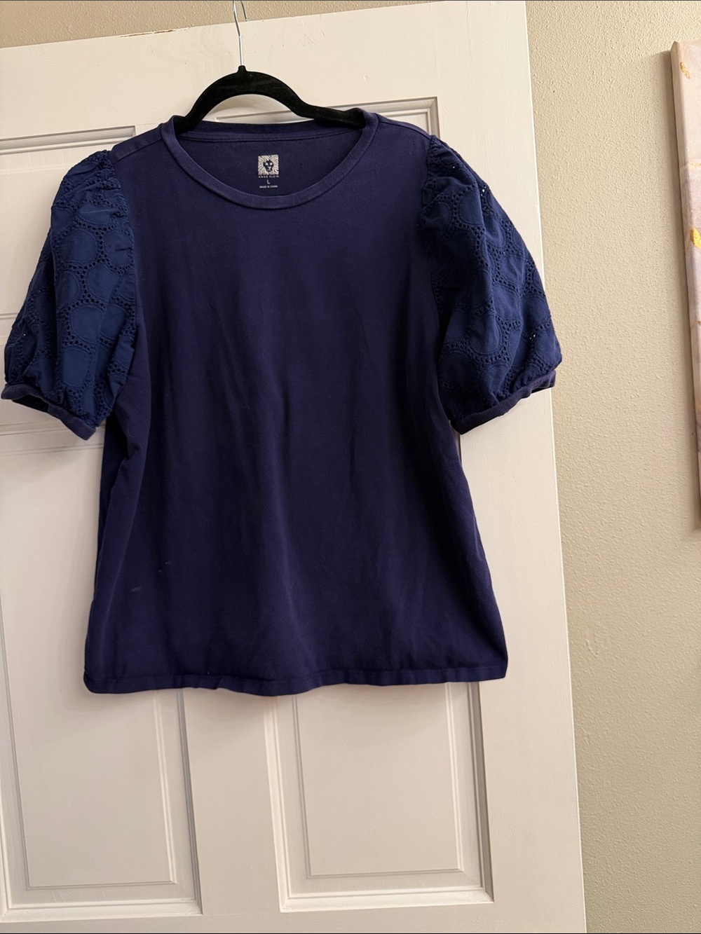 Anne Klein wonens Navy Eyelet Puff Sleeve Tee